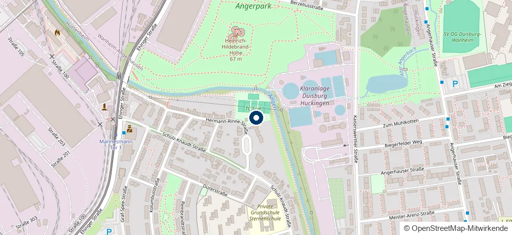 Stadtplan mit dem Standort des Restaurants Angerstube, Hermann-Rinne-Str. 6 in 47259 Duisburg